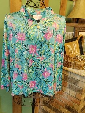 Floral Mock Neck Pullover - Teal & Pink